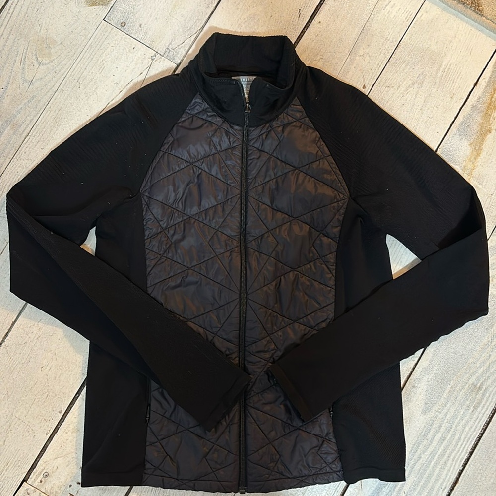 Size large Athleta lightweight black zip up with quilting. Gently used!